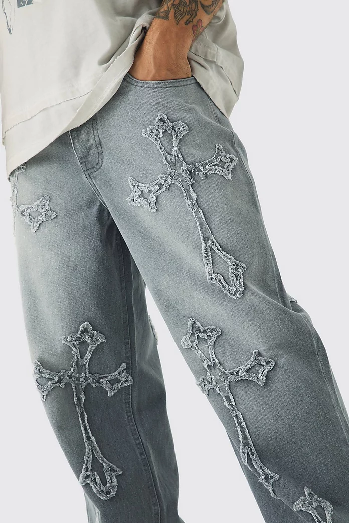 Baggy Rigid Washed Grey Cross Applique Jeans | boohooMAN USA Baggy Rigid Washed Grey Cross Applique Jeans | boohooMAN USA
